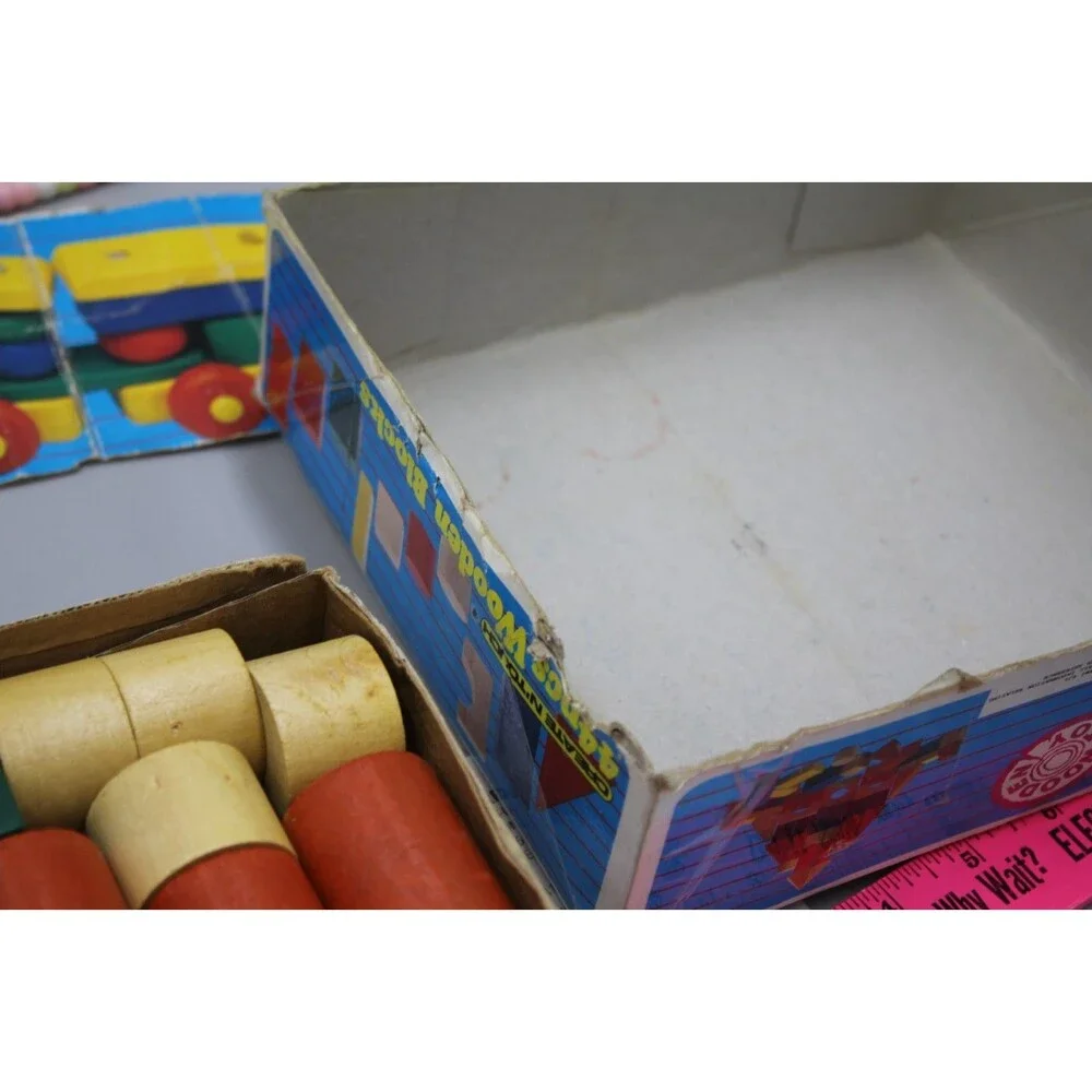 My Kids 44pc Wooden Blocks + Train Pull Vintage Set Primary Toddler Montessori